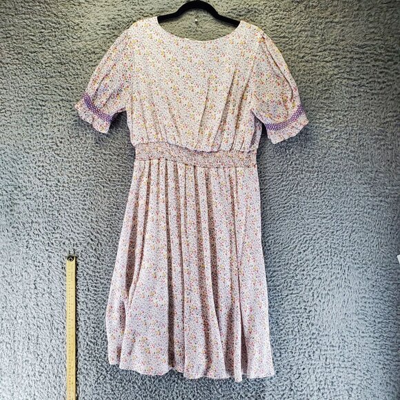 Indigo Rose Dress Women 2X Pink Floral Smocked Short Sleeve Rayon Midi - Picture 9 of 10